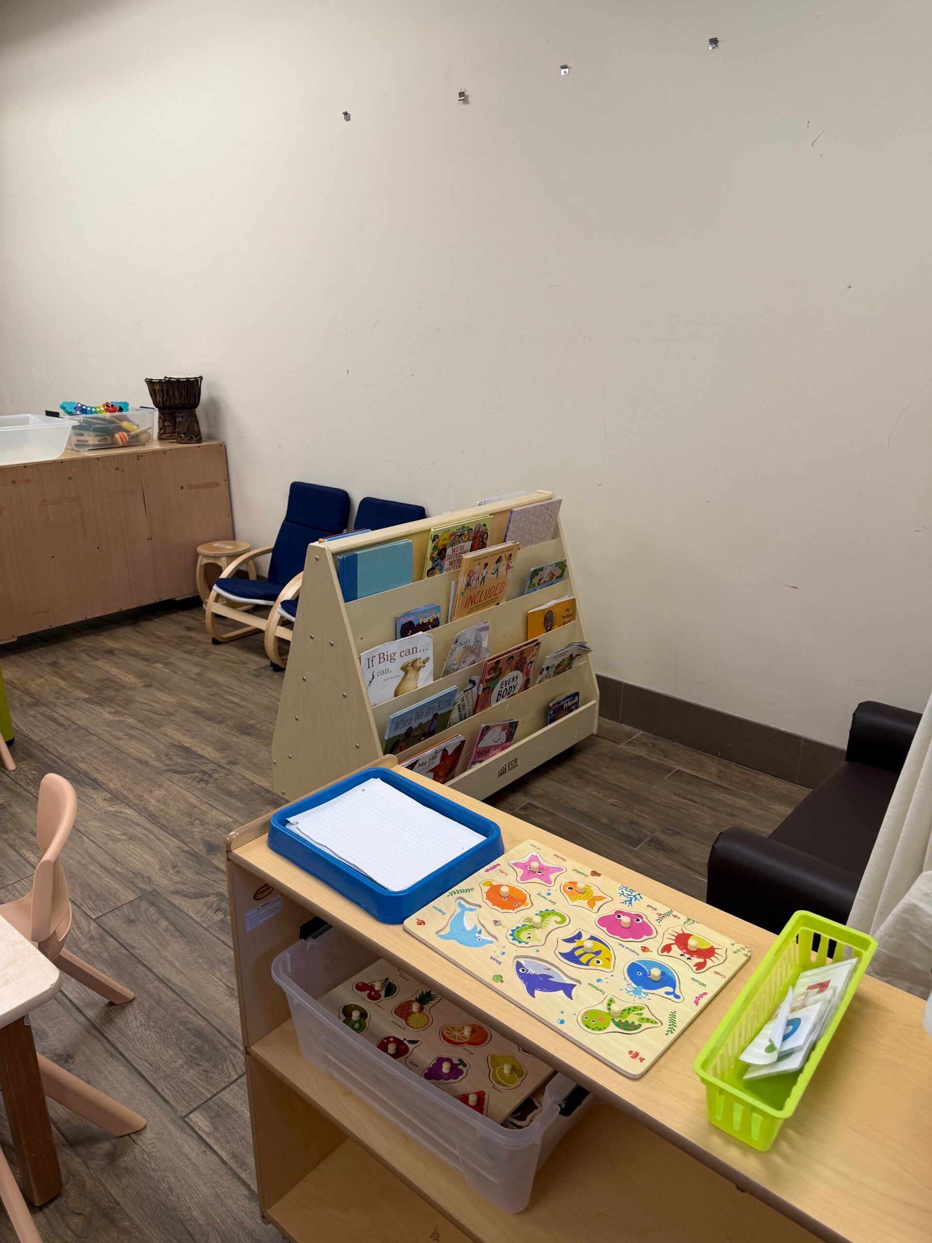 Preschool classroom overview with Montessori shelves and play areas
