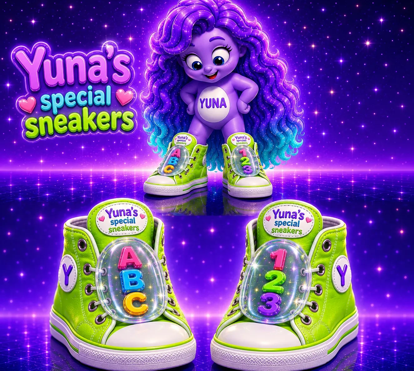 Yuna's special sneakers — ABC and 123 neon-green high-tops